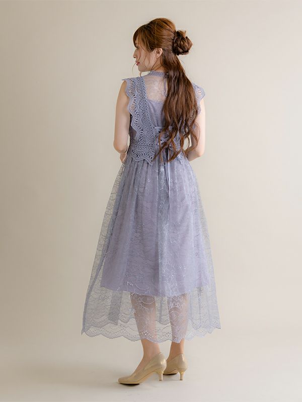 Rewde フレンチスリーブレースドレス 新品　Ｌ　結婚式　ブルー　ワンピ