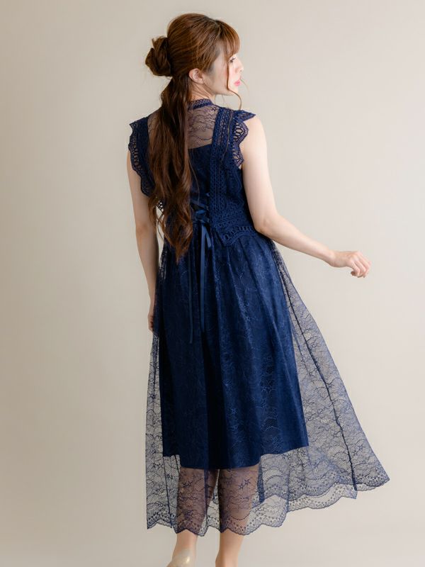 Rewde フレンチスリーブレースドレス 新品　Ｌ　結婚式　ブルー　ワンピレディース